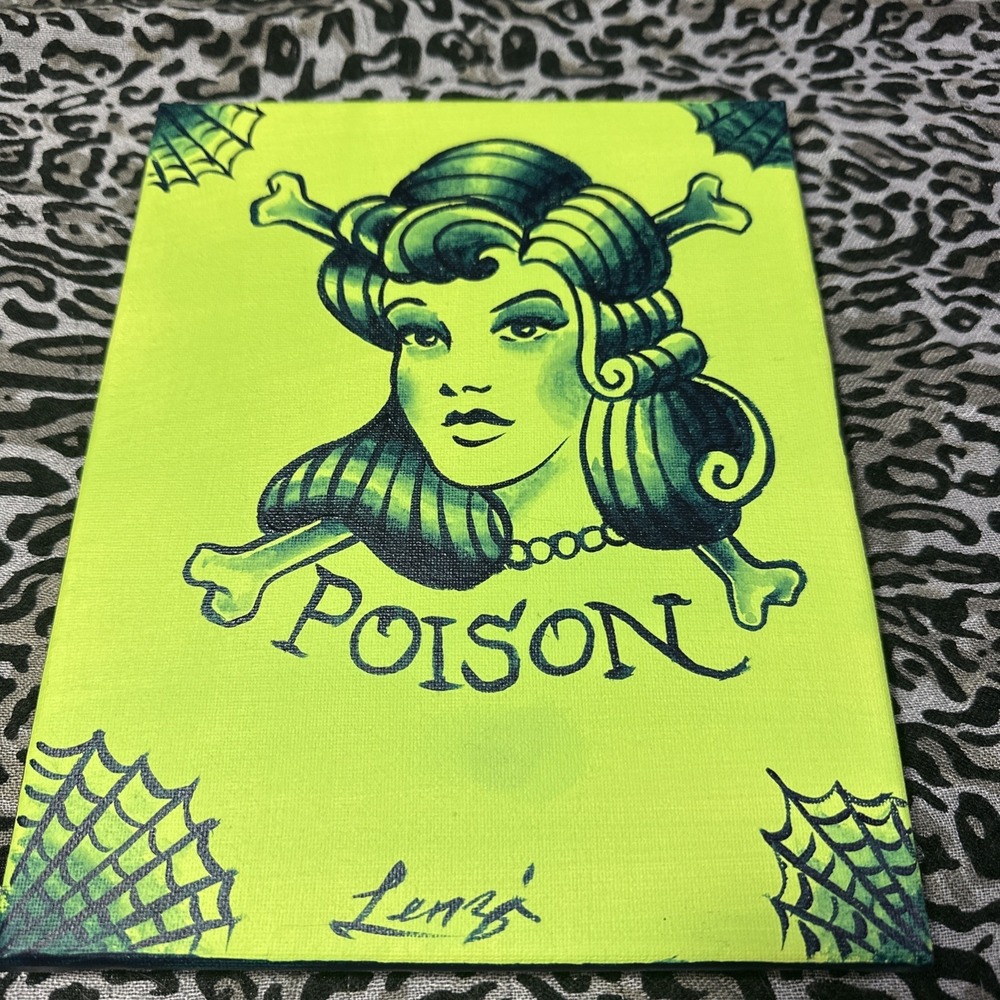 Chad Lenzi Original Poison Girl Tattoo Art Neon Green Canvas Painting 8x10